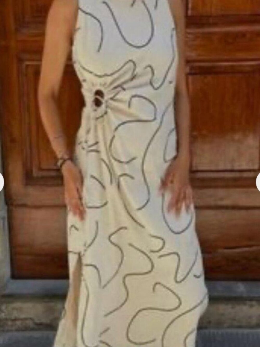 Magaschoni Sleeveless Cream Black Abstract Midi Dress 100% Linen Size 8